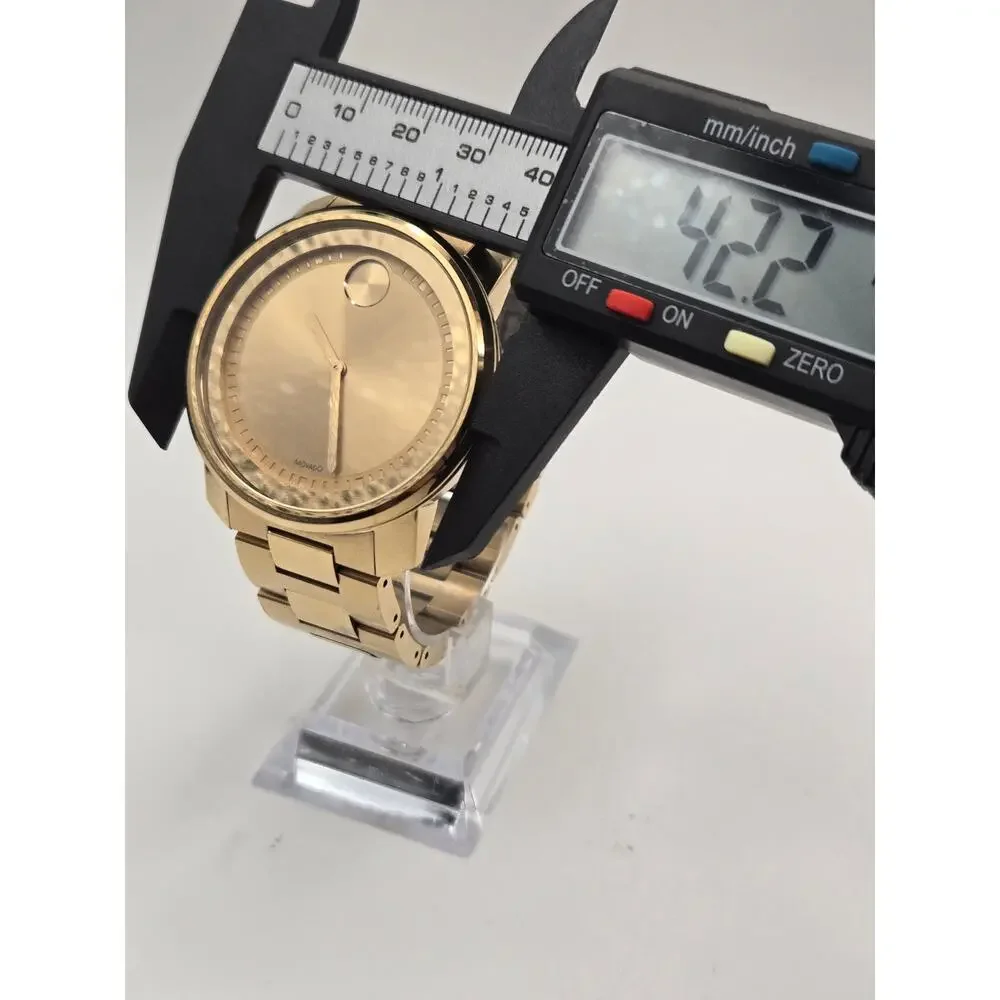 Movado Bold Gold Watch 42.5mm Stainless Steel Link Bracelet Box Papers Classic